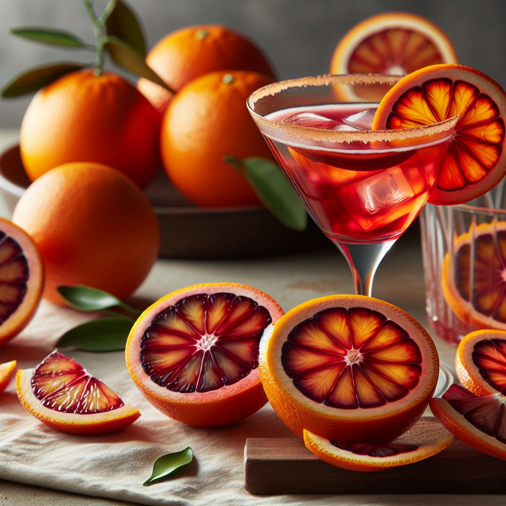 Photograph of Moro and Sanguinello blood oranges with a cocktail glass on the right, showcasing slices of both orange types as garnishes for the drink