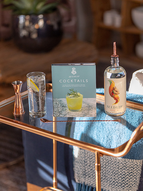 Seedlip Recipe Book on Bar Cart with Accessories