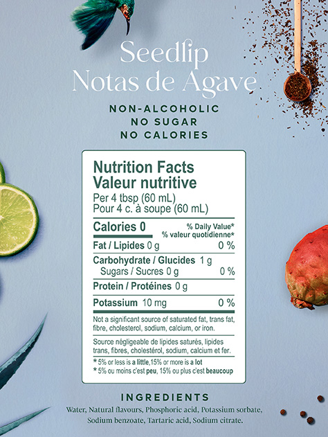 The label from a bottle of seedlip notas de agava featuring ingredients and descriptions