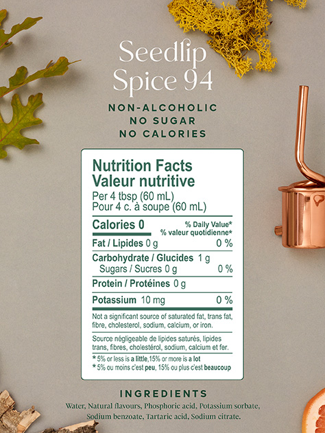 L'étiquette de Seedlip spice 94 avec tous les ingrédients et les points nutritionnels