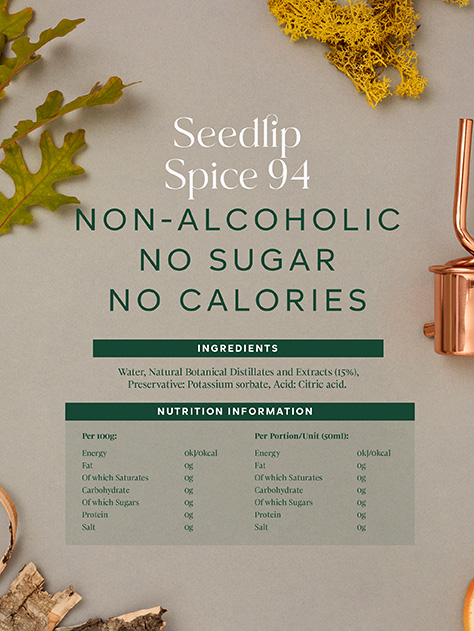 The Seedlip spice 94 label with all ingredients and nutrition points