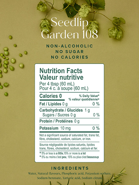 Les ingrédients de Seedlip garden 108 sont imprimés au dos du flacon.