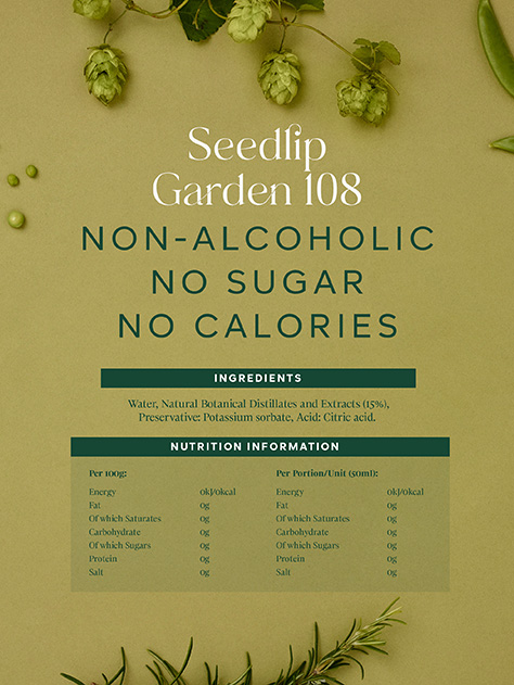 The ingredients Seedlip garden 108 printed on the back of the bottle
