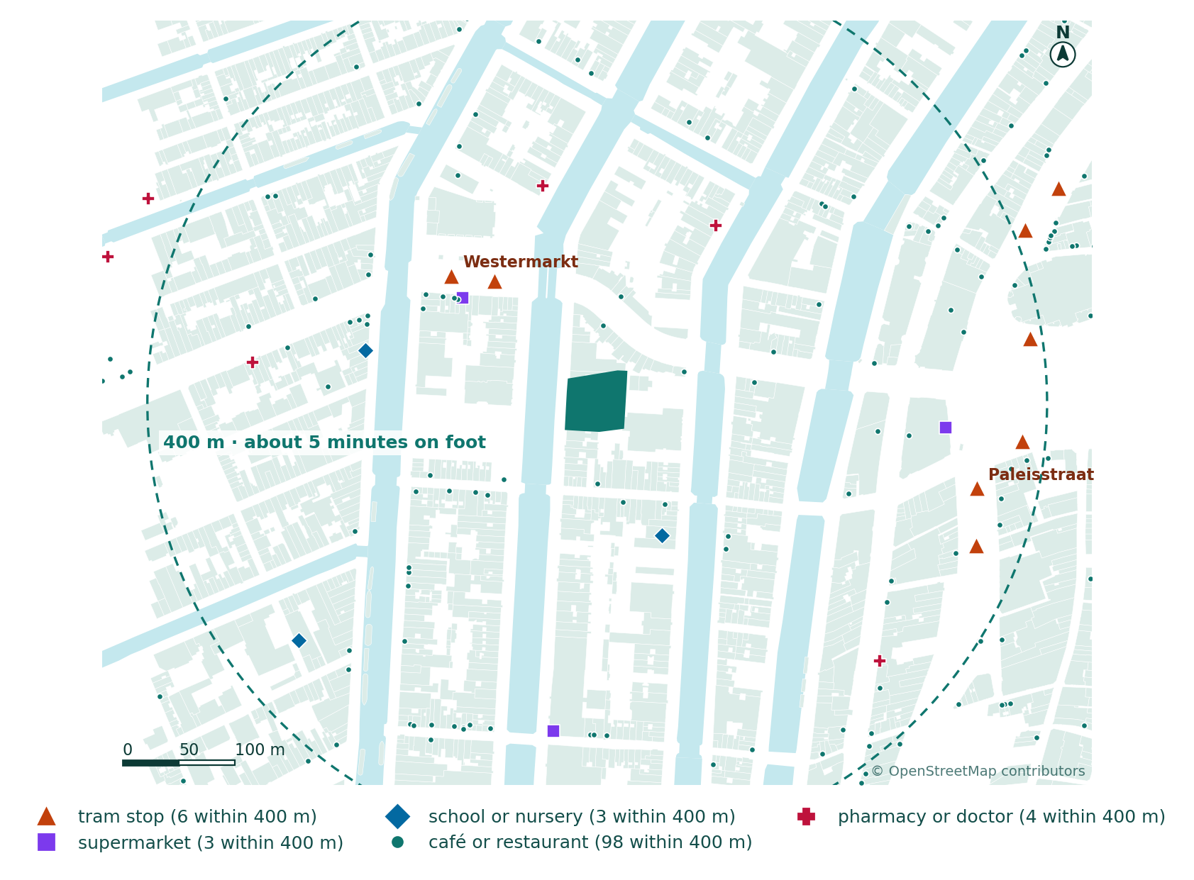 What is within a 5-minute walk (400 m) of the site: tram stops, food shops, schools and health, from OpenStreetMap.