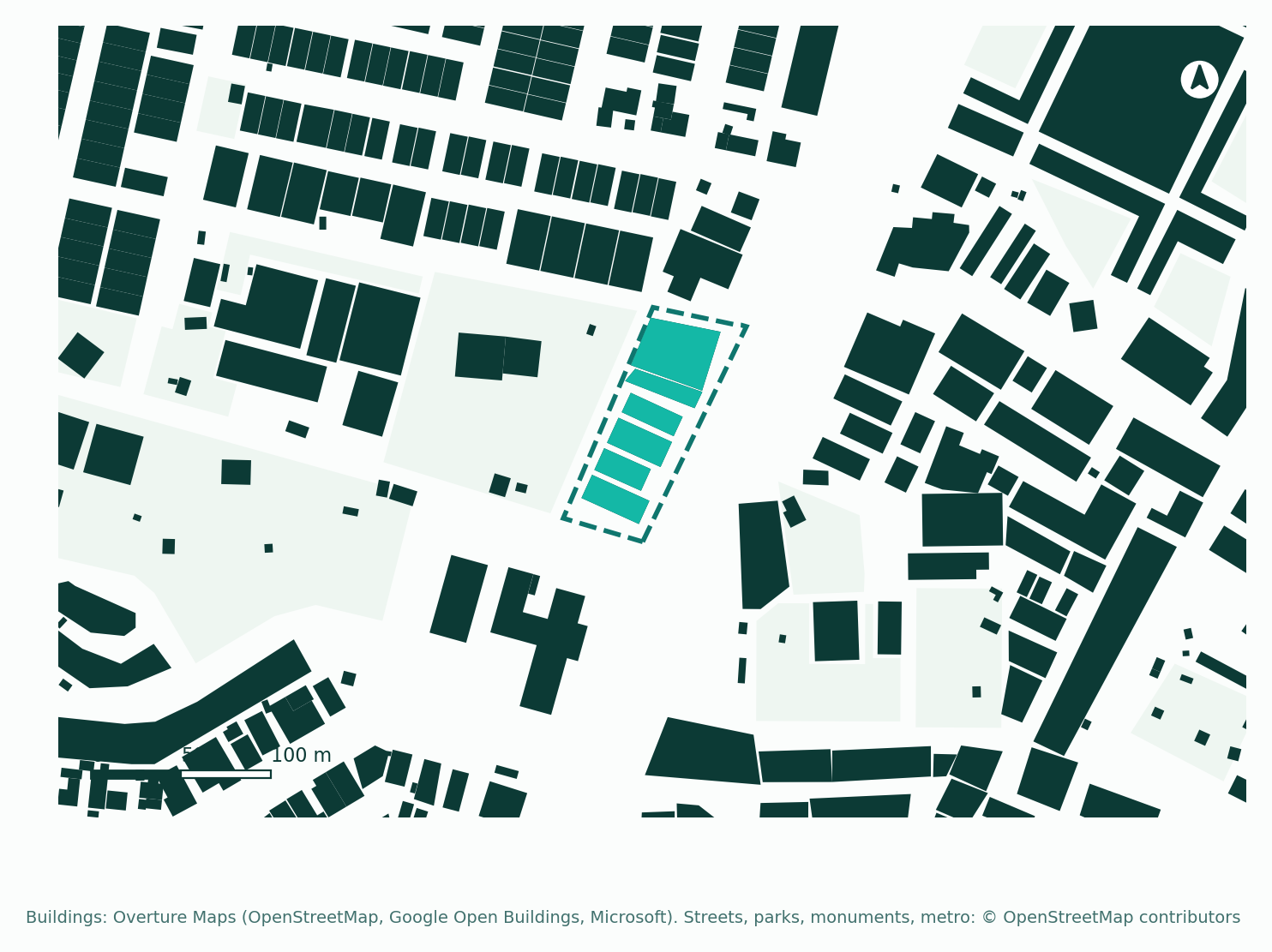 Figure-ground of the Green Park block (dashed) and its surroundings. Buildings from Overture Maps.