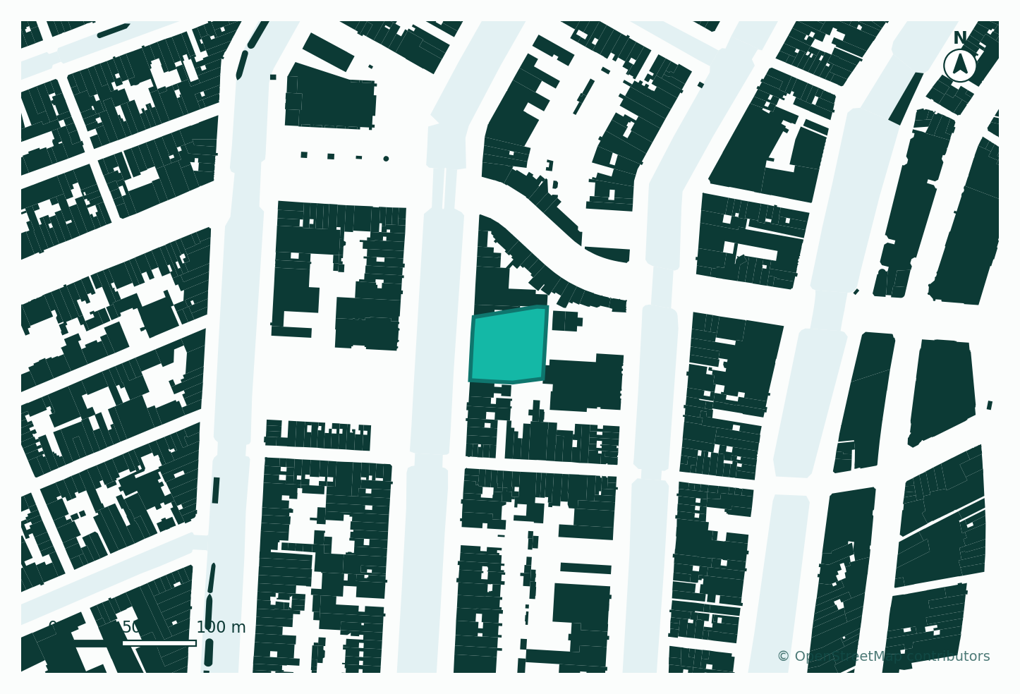 Figure-ground of the Keizersgracht site and 250 m around it. Site in teal. Buildings from OpenStreetMap.