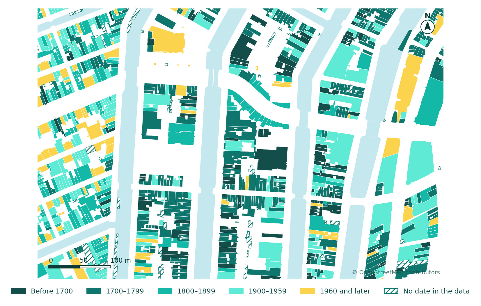 Building ages within 250 m of a Keizersgracht block, Amsterdam. Data: OpenStreetMap (BAG register).