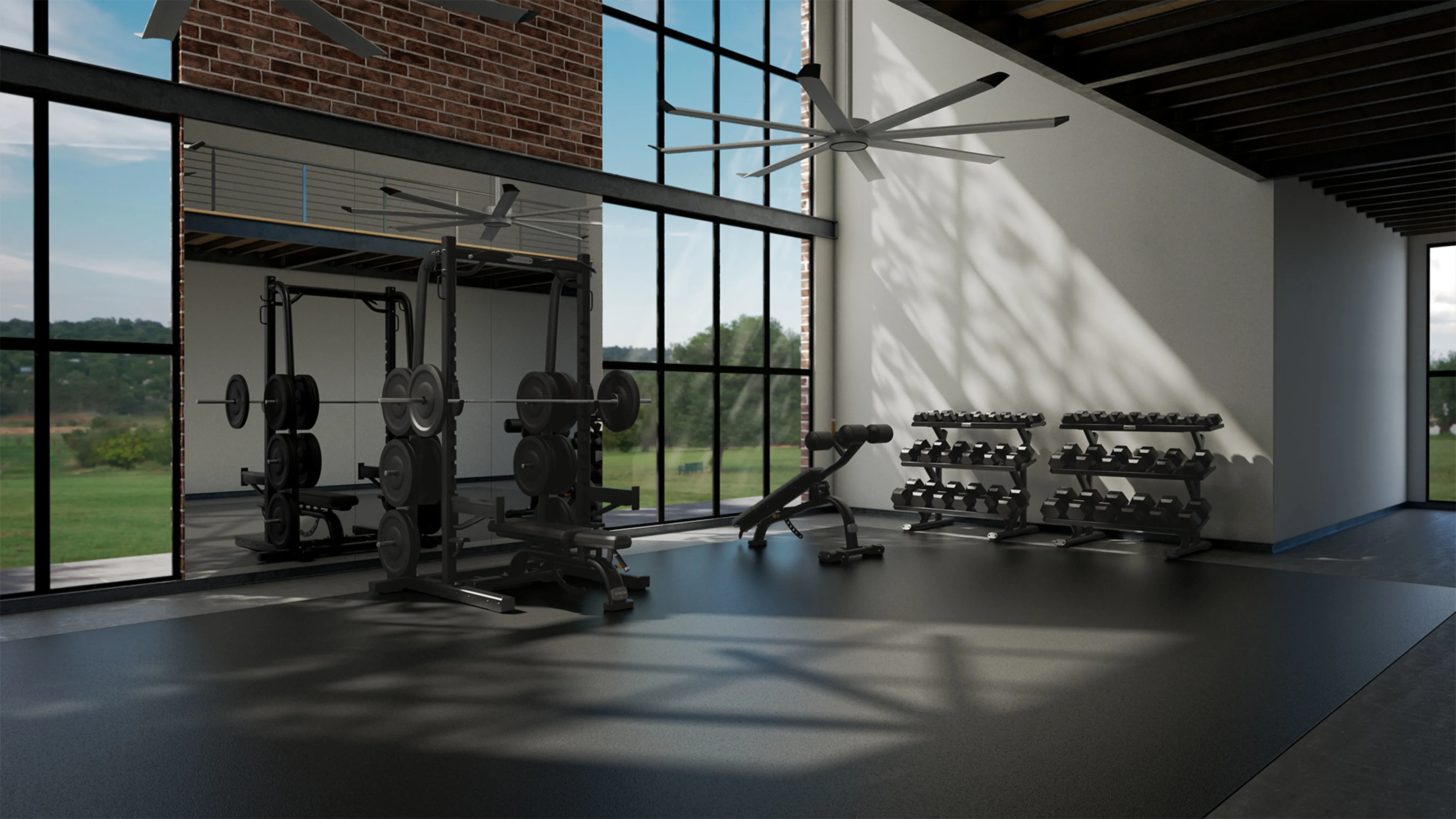 Precor benches and racks in a gym setting