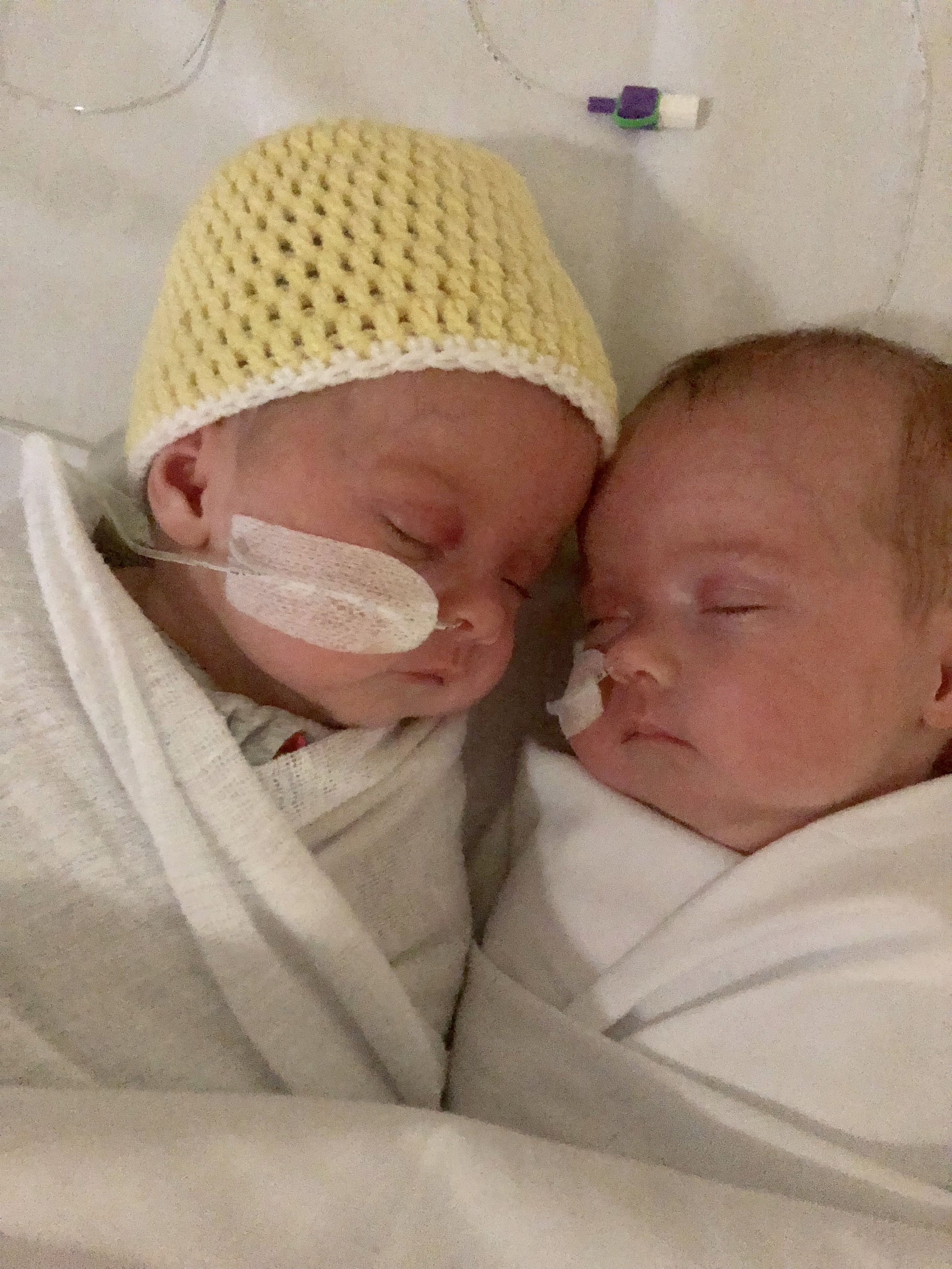 Maisey and Stella in hospital as newborns