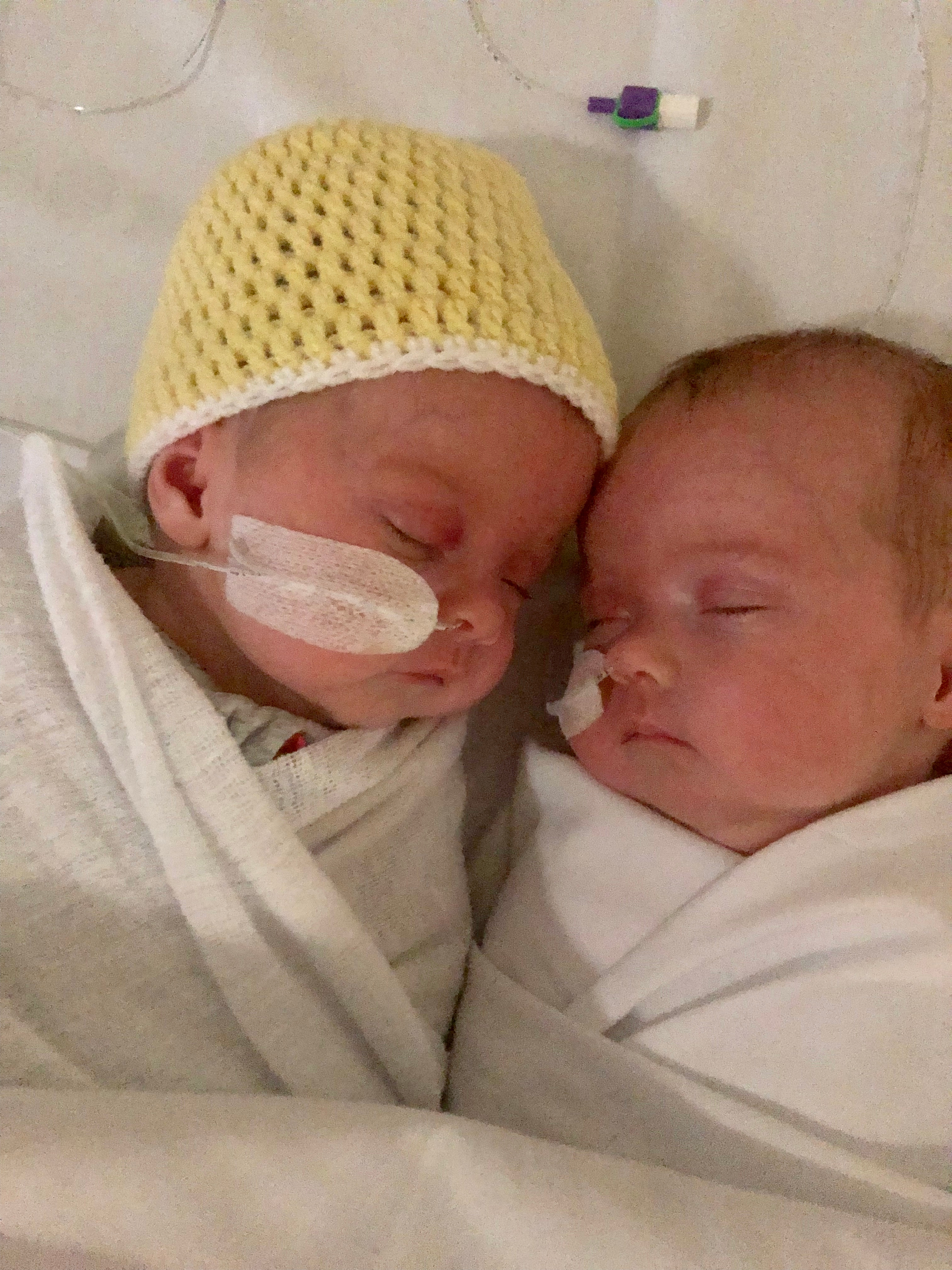 Maisey and Stella in hospital as newborns