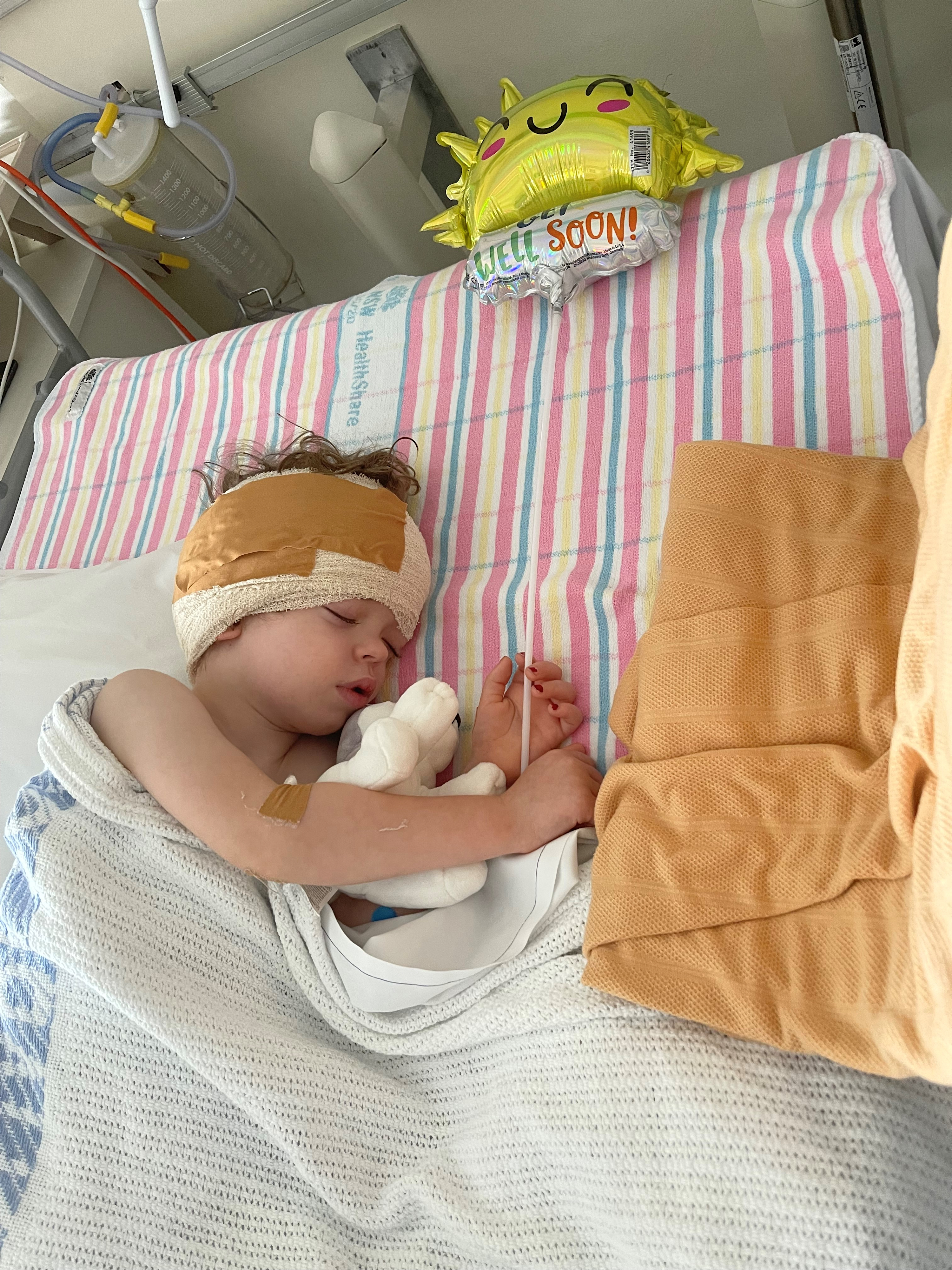 Jagger sleeping in hospital bed with head bandaged