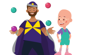 Child and Captain Starlight juggling illustration - card