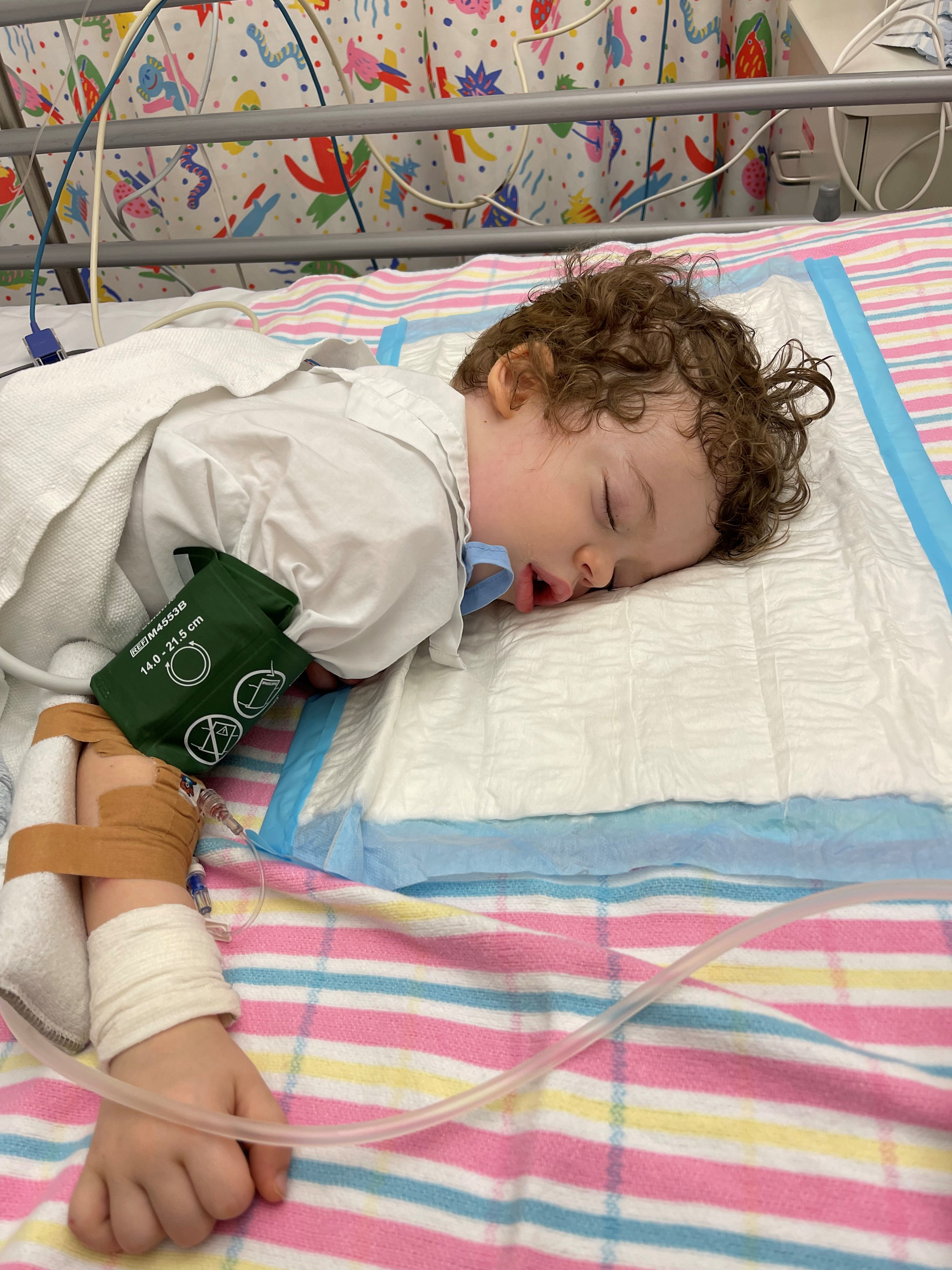 Jagger sleeping in hospital bed