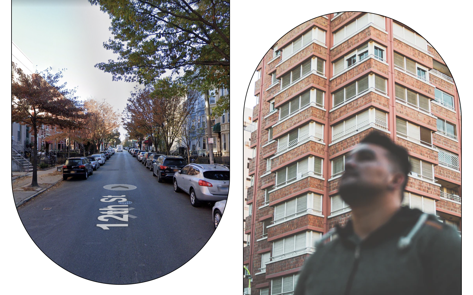 Graphic including two photos showing the outside of an apartment building and a tree-lined street.