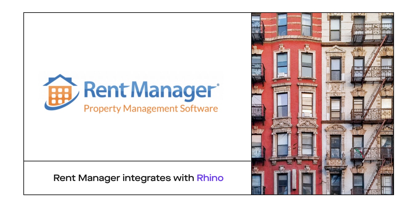 Body image of Rent Manager logo and a modern building with "Rent Manager integrates with Rhino" on the bottom.