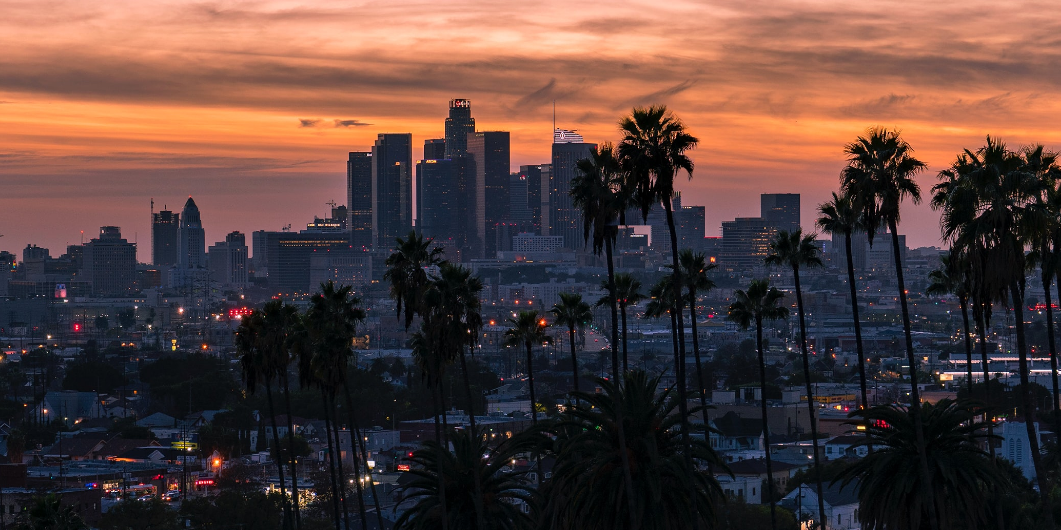 An image of the Los Angeles skyline at sunset 