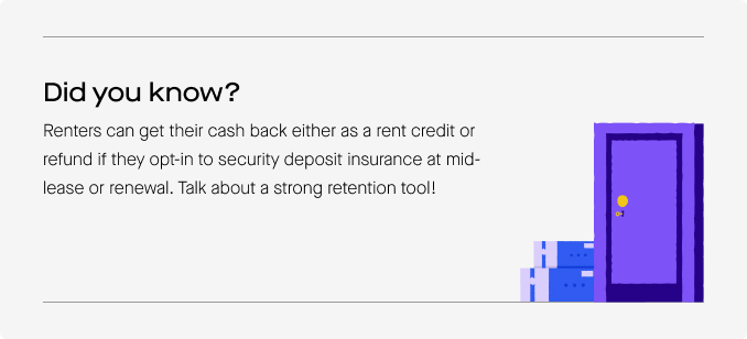 Did you know? Renters can get their cash back either as a rent credit or a refund if they opt-in to security deposit insurance at mid-lease or renewal. Talk about a strong retention tool!