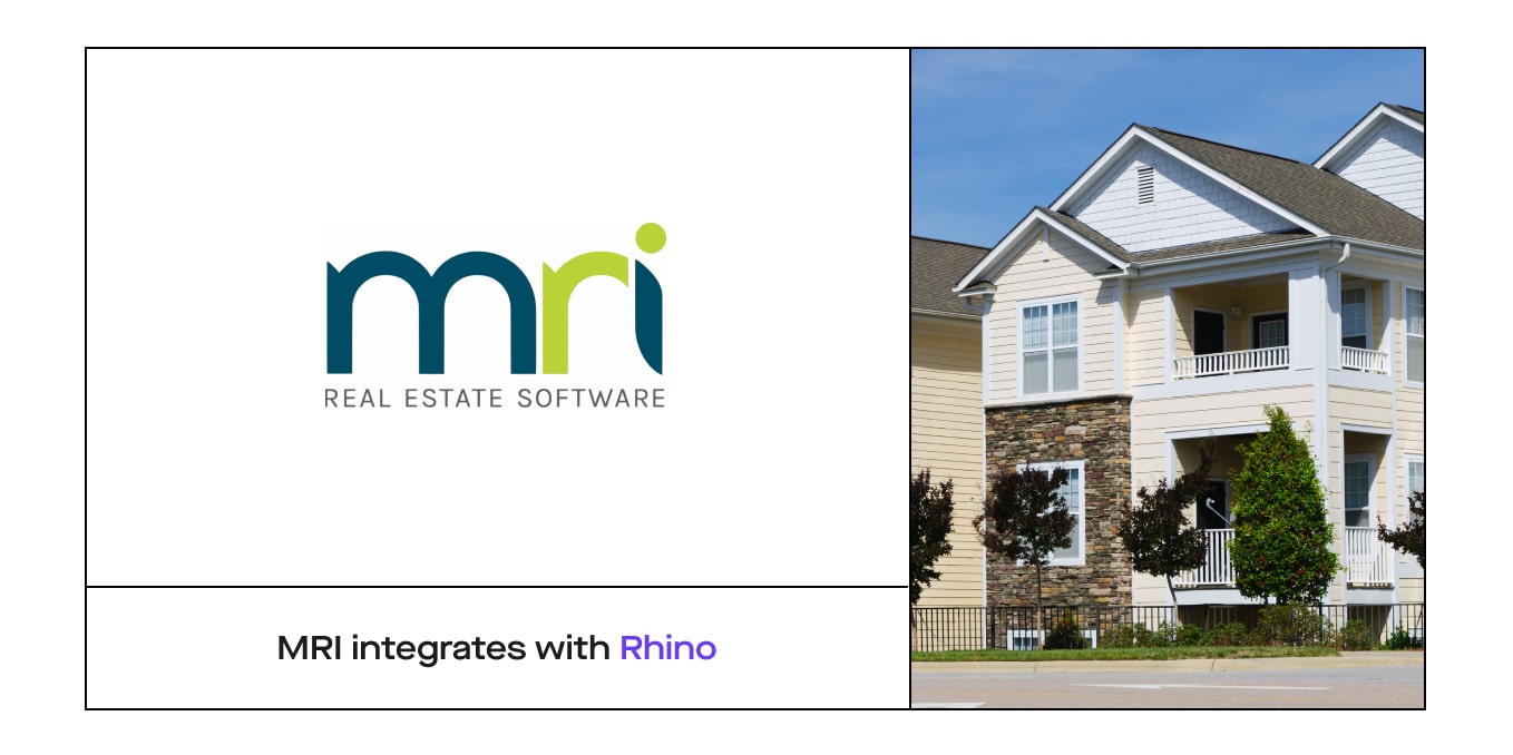 Image of MRI logo and a multifamily property with "MRI integrates with Rhino" at the bottom