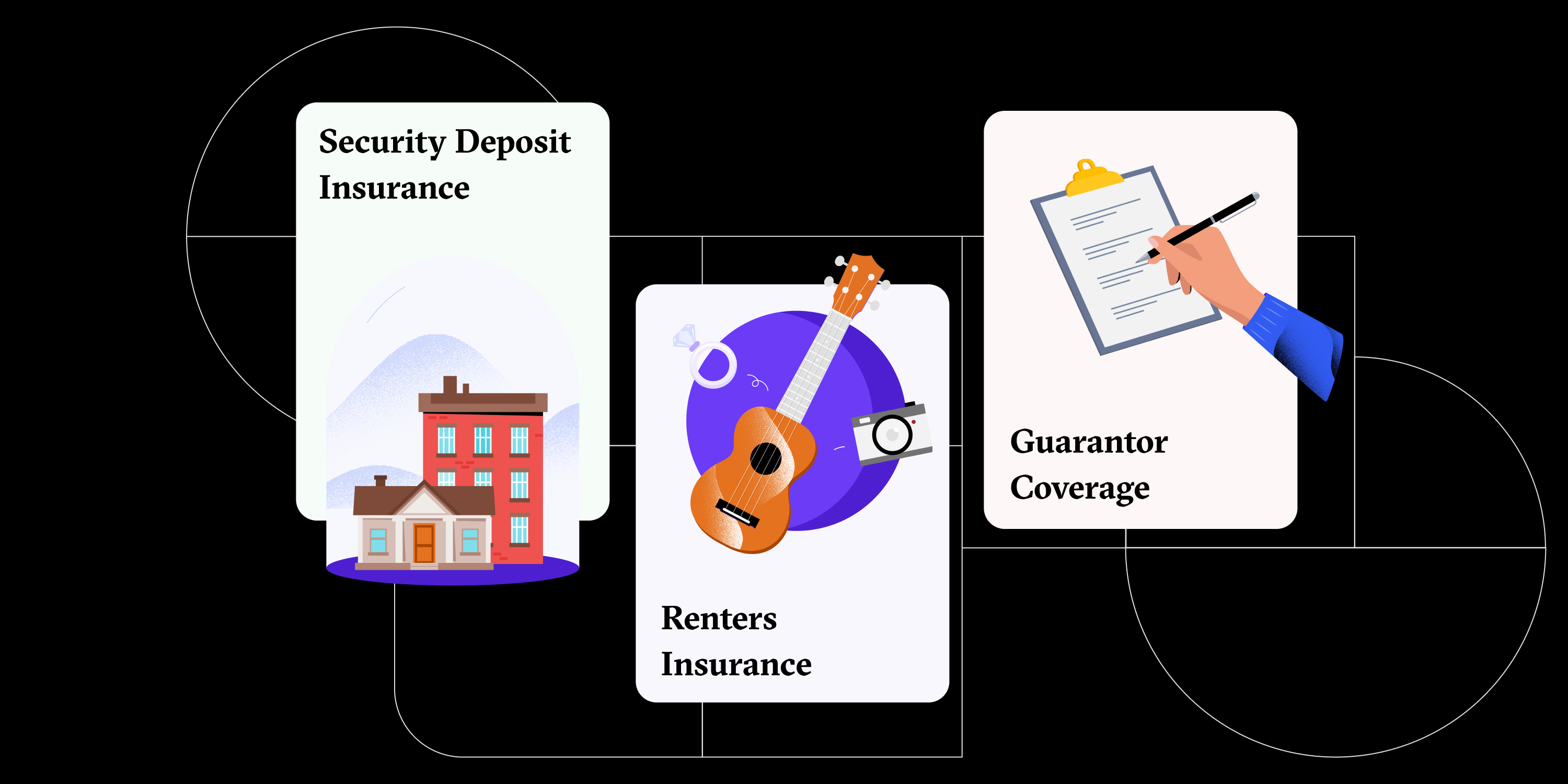 A graphic listing Rhino's products including Security deposit insurance, renters insurance, and guarantor coverage 