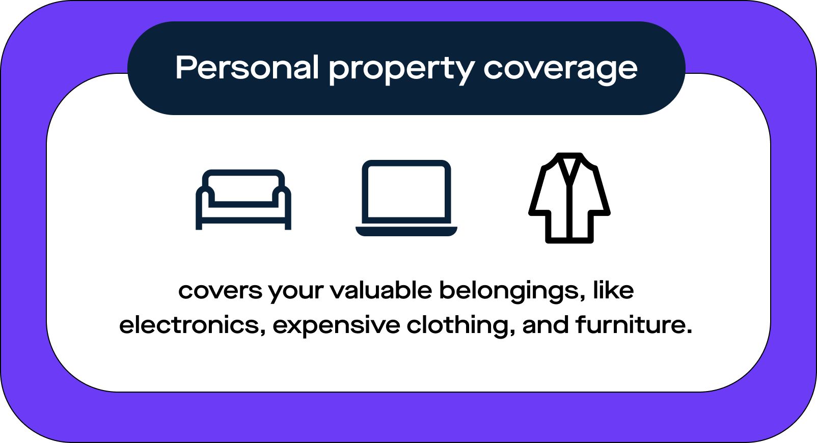 Image of "Personal property coverage." "covers your valuable belongings like electronics, expensive clothing, and furniture."