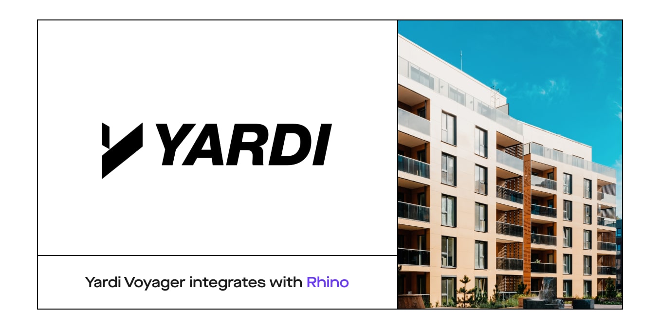 Image of Yardi logo and a modern building with "Yardi Voyager integrates with Rhino" at the bottom