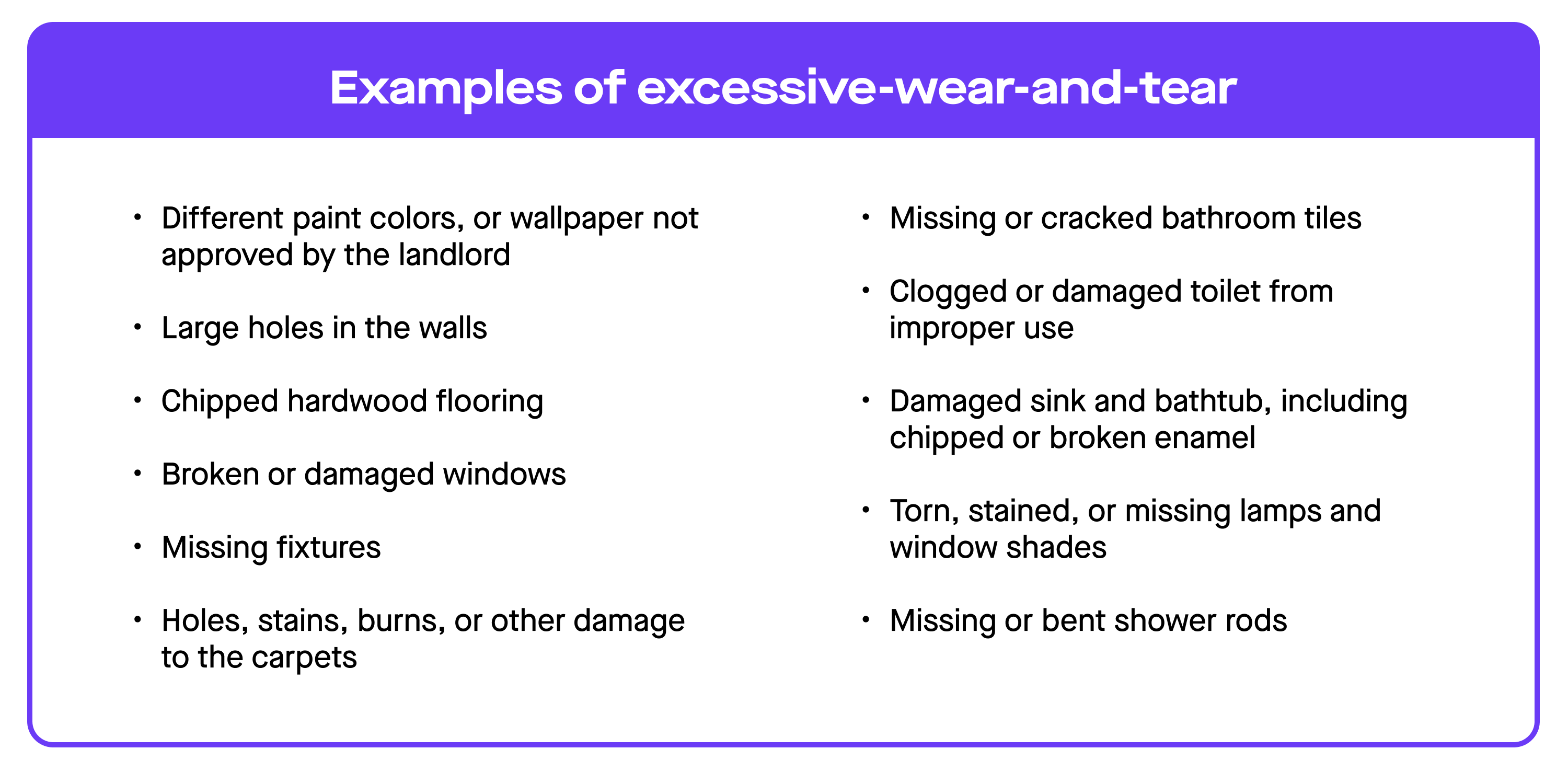 Chart listing examples of excessive wear-and-tear