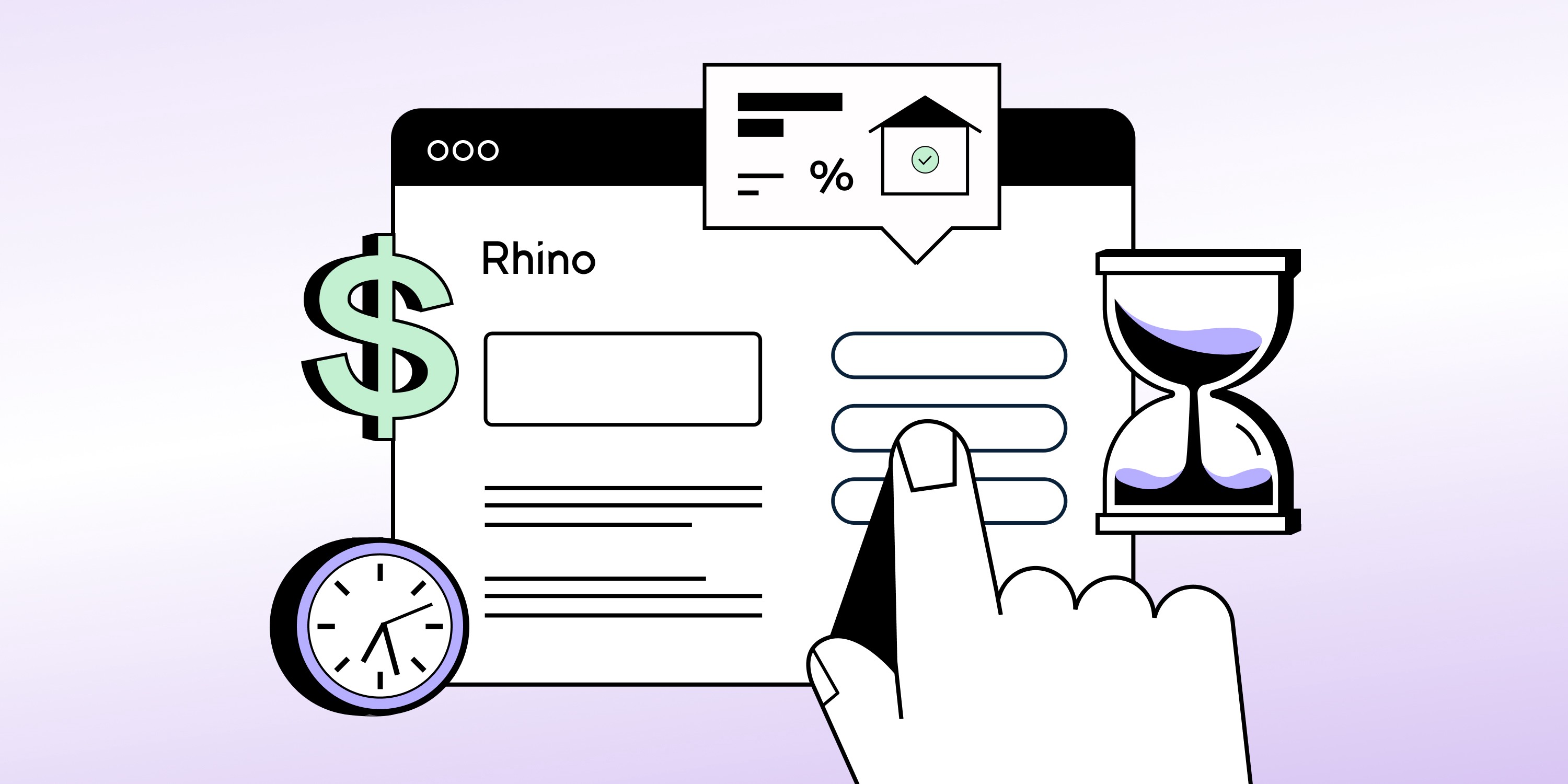 Graphic featuring Rhino website with a dollar sign, clock, hour glass, and human hand pointing at the screen