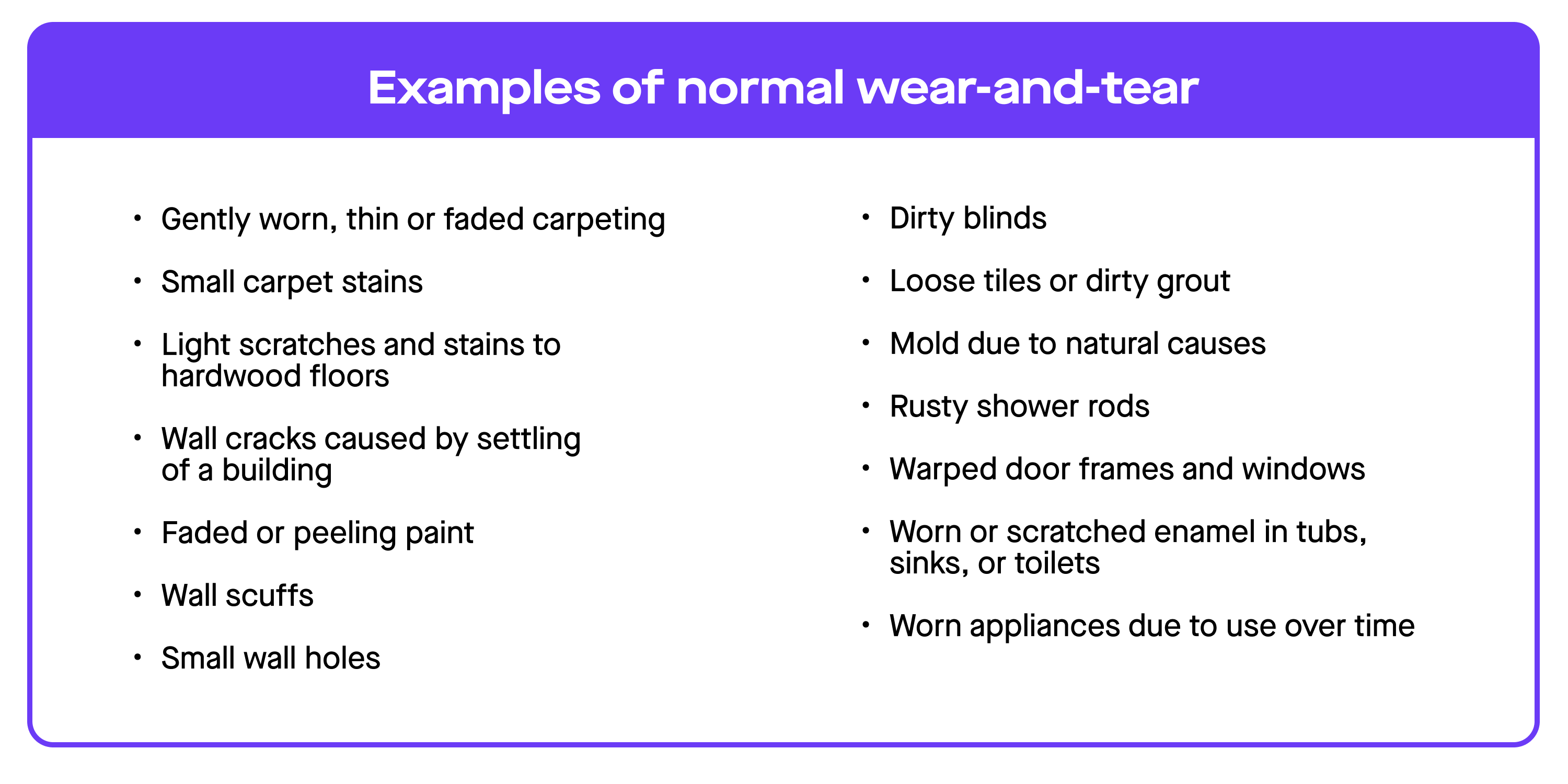 Chart listing examples of normal wear-and-tear