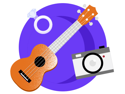 An image of a guitar, a camera, and a diamond ring set against a purple background