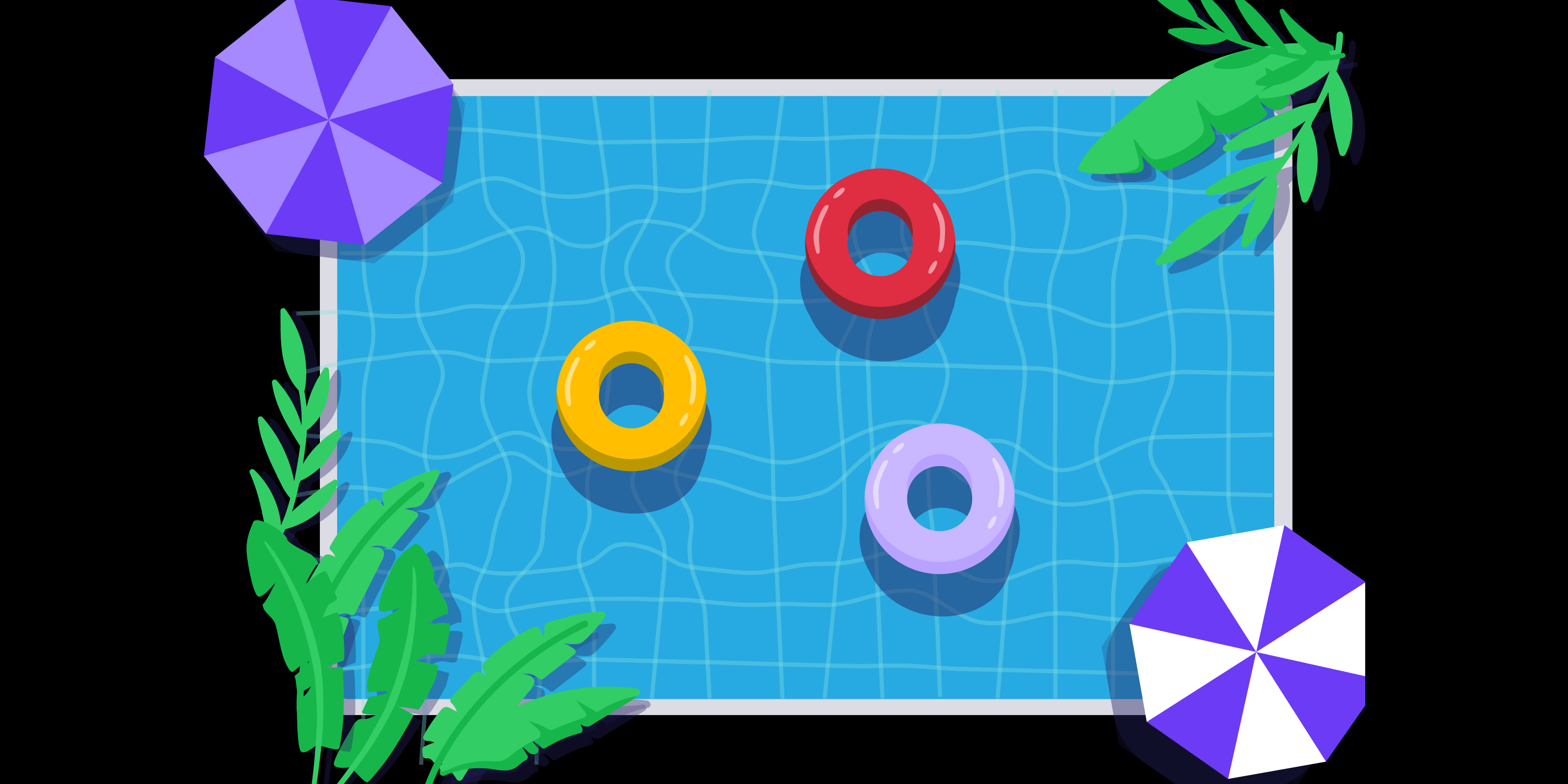 A hero graphic that features a pool with purple umbrellas 