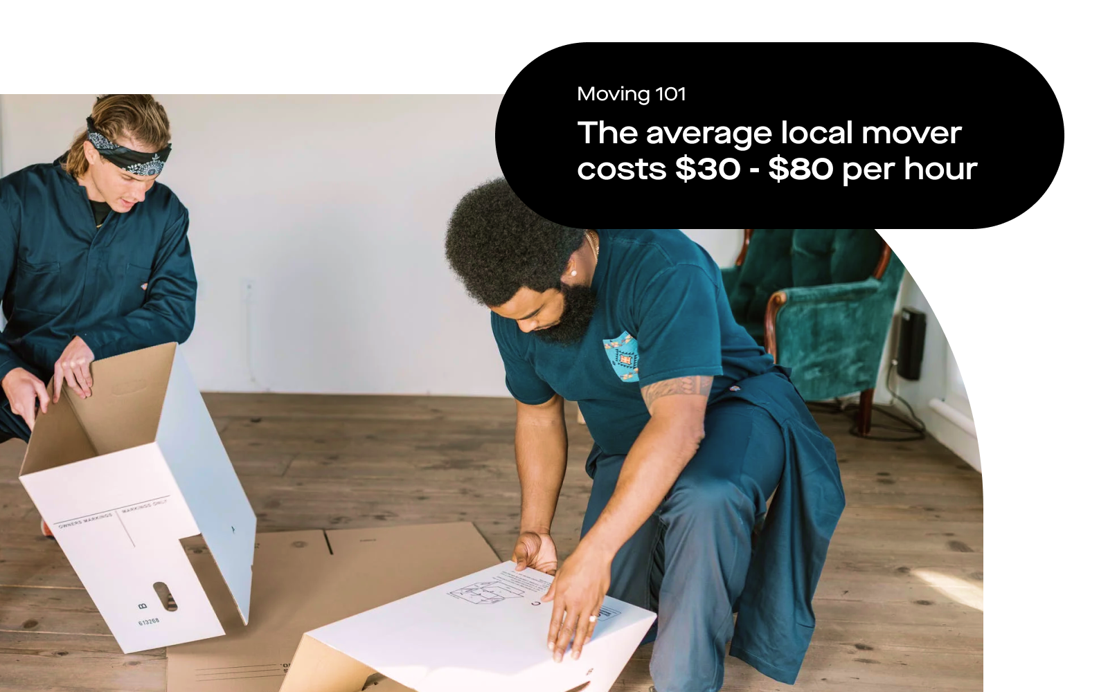 Image of two movers putting together boxes. "Moving 101 - The average local mover costs $30- $80 per hour"