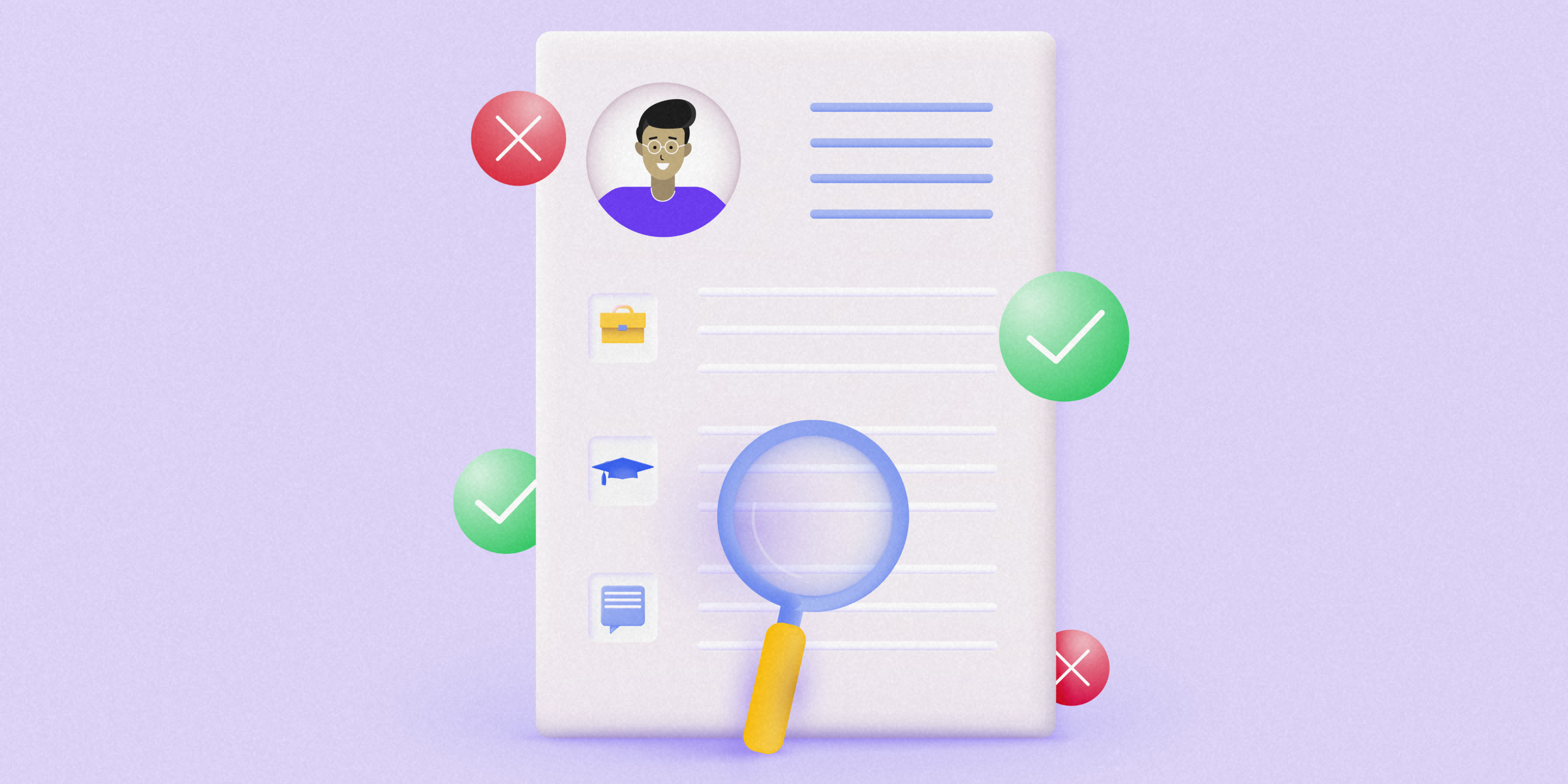 A graphic of a magnifying glass hovering over a perfect resume. 