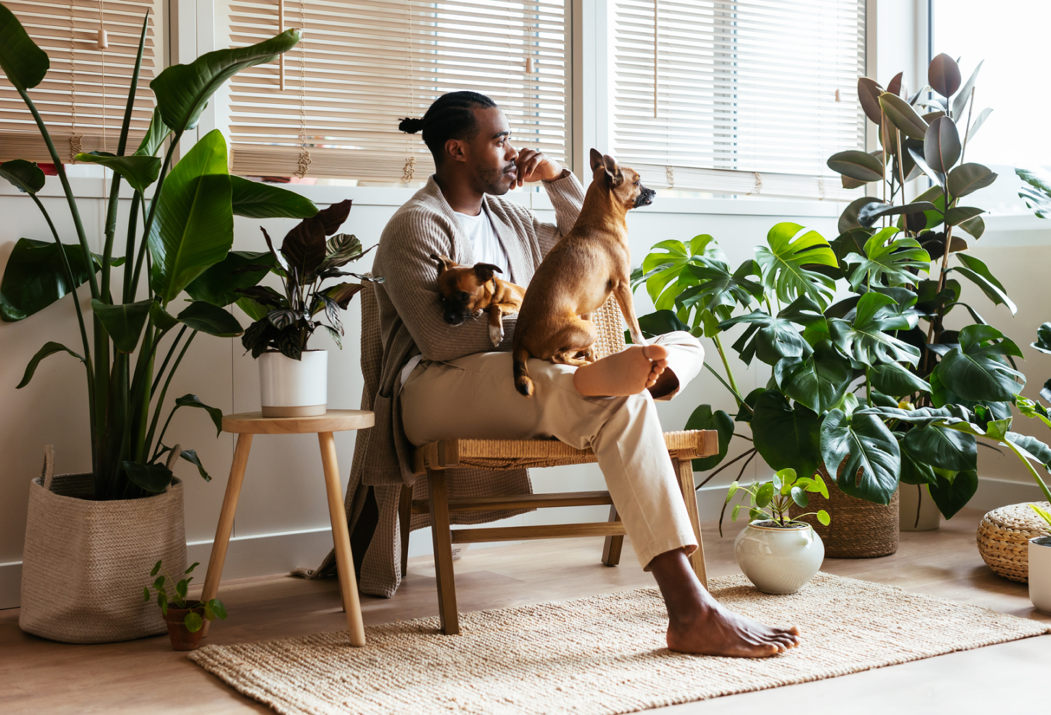 Image of renter sitting with a dog in their apartment surrounded by plants