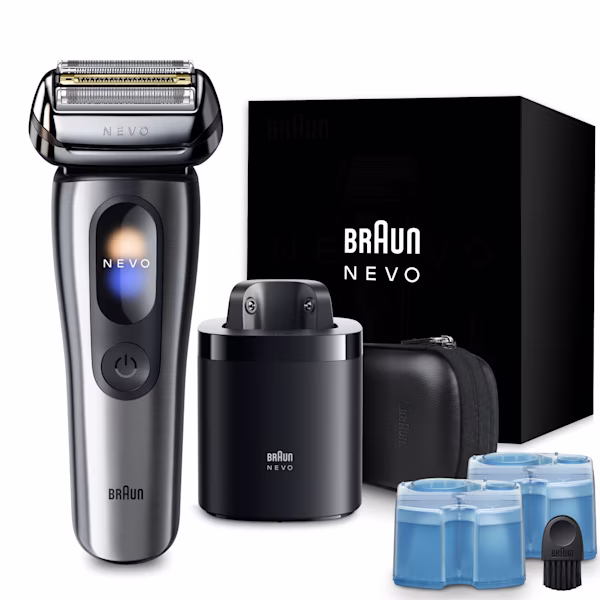 ブラウン NEVOシェーバー 15105c、レザーケース、7in1 NEVOケアシステム、クリーニングブラシ、スマートプラグ付き。 ブラウン NEVOシェーバー 15105c、レザーケース、7in1 NEVOケアシステム、クリーニングブラシ、スマートプラグ付き。