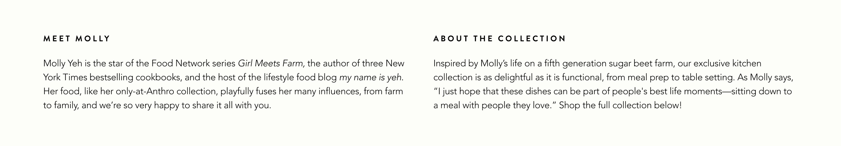 Two text sections on beige background: "MEET MOLLY" on left describing Molly Yeh, "ABOUT THE COLLECTION" on right.
