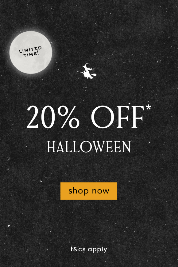 Halloween sale banner with witch silhouette flying across starry night sky, moon reading LIMITED TIME, 20% OFF text, shop now button