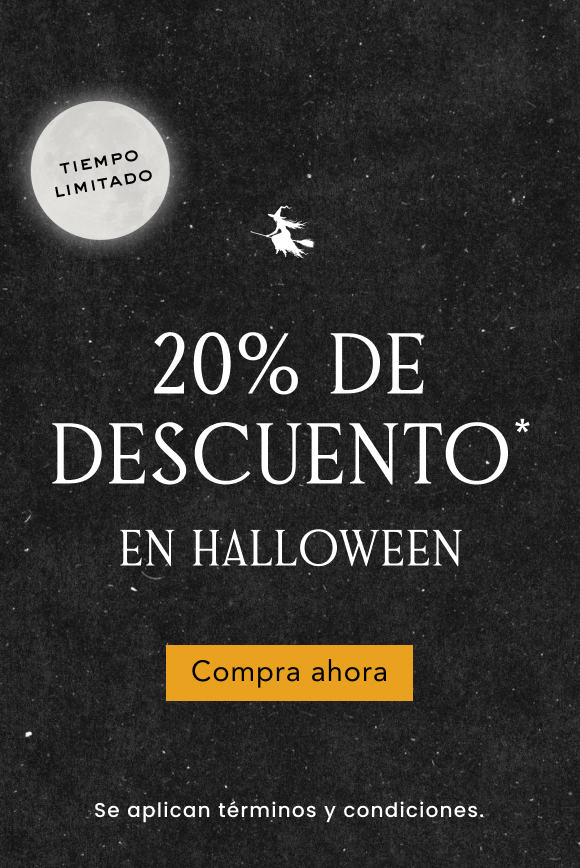 Halloween sale banner with witch silhouette flying across starry night sky, moon reading LIMITED TIME, 20% OFF text, shop now button