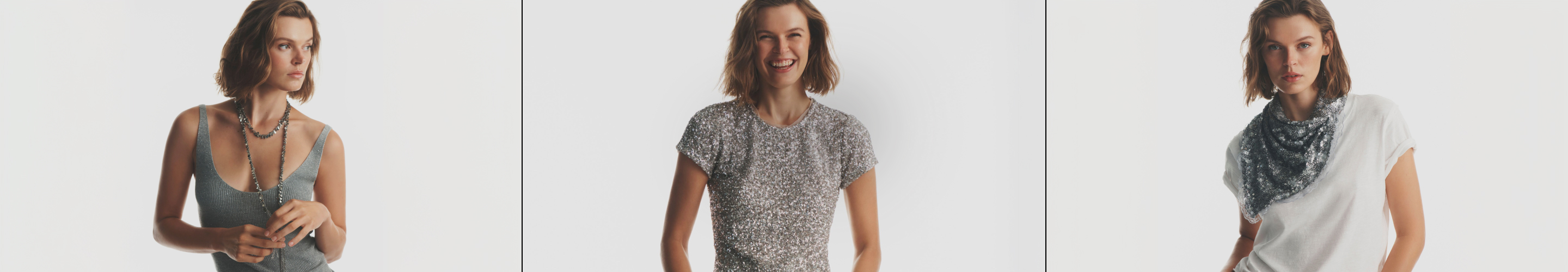 Three images of a woman modeling different sequined tops: gray tank with necklace, silver sequin tee, white tee with sequin scarf.
