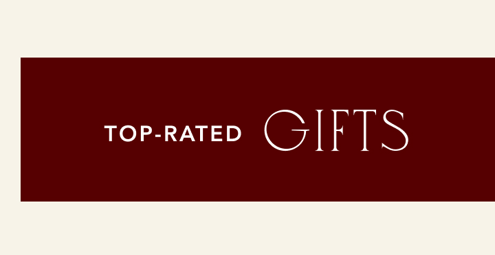 Deep burgundy banner with white text reading TOP-RATED GIFTS in modern serif font on beige background