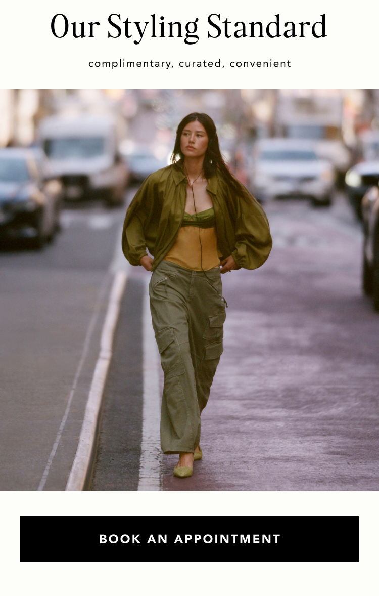 Fashion styling collage with text Our Styling Standard, complimentary curated convenient, and BOOK AN APPOINTMENT button