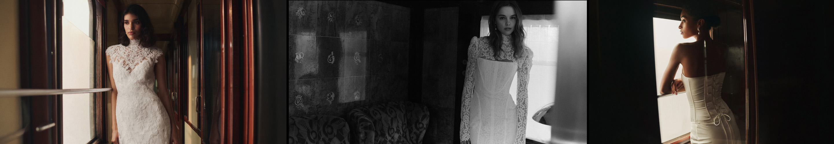 Four images of a woman in white lace wedding dresses in various elegant poses within a dimly lit interior setting.