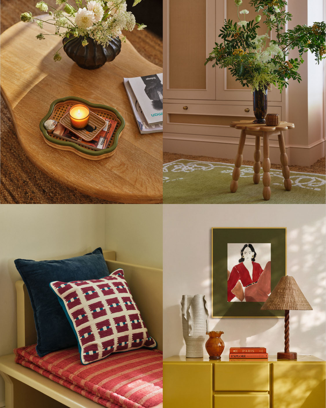 Four-panel collage showing home decor vignettes with candles, flowers, decorative trays, pillows, and artwork in warm tones.
