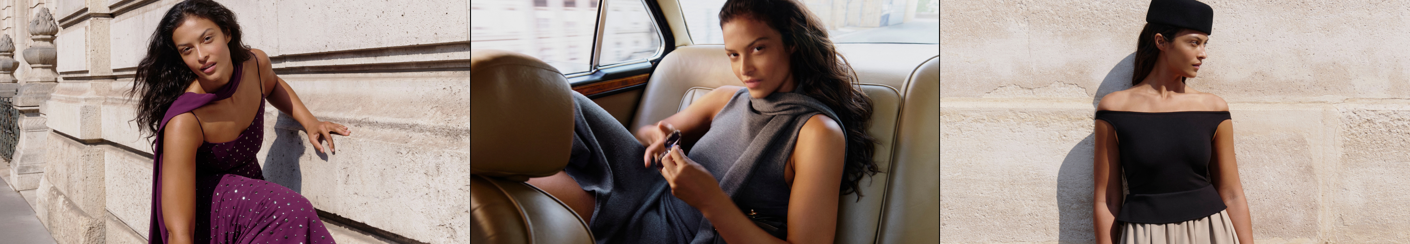 Three fashion photos: woman in purple dress on stone steps, woman in gray top in vintage car, woman in black off-shoulder top.