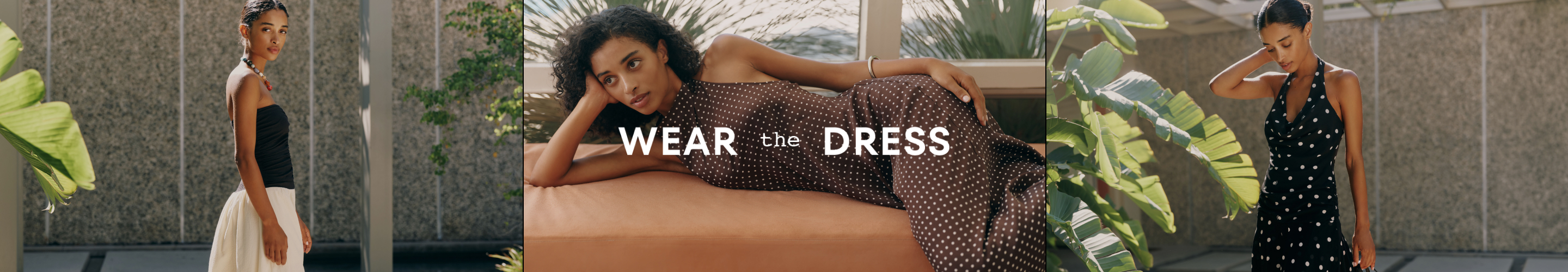 Three images of women in dresses with text "WEAR the DRESS" overlaid in white letters on the center image.