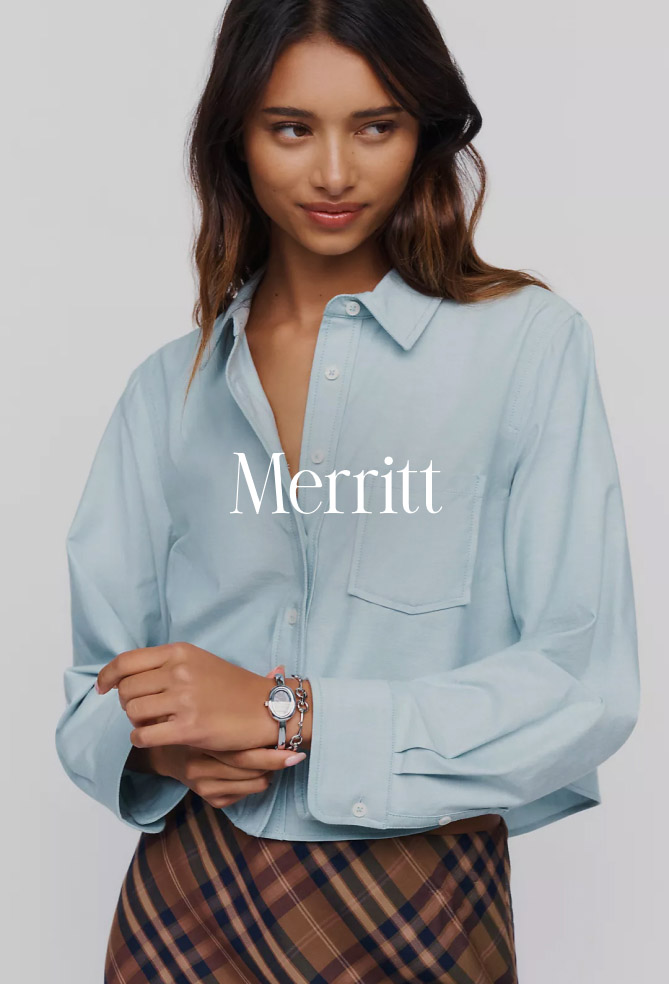 Woman wearing light blue button-up shirt and plaid skirt with text "Merritt" overlaid on the image.