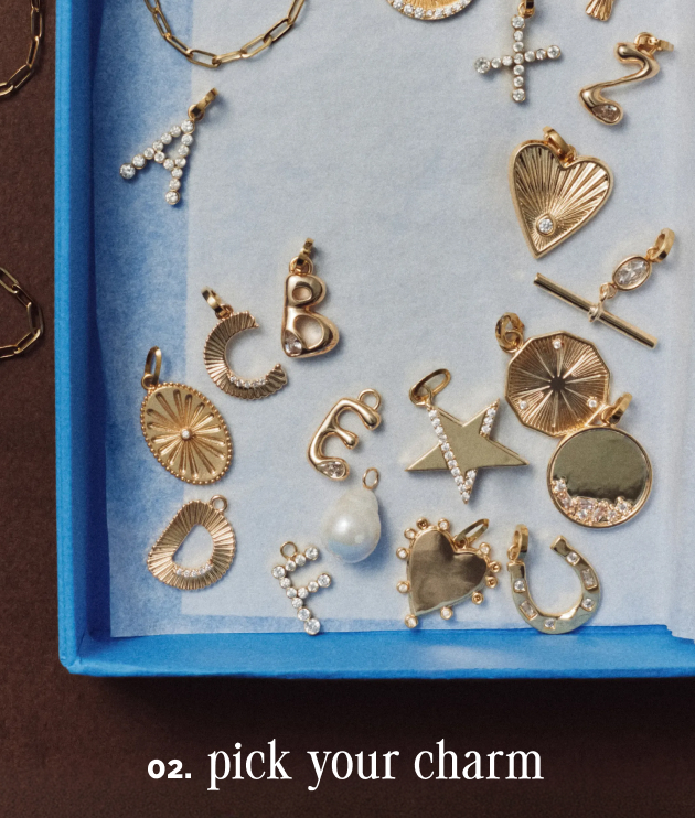 Assorted gold and pearl jewelry charms displayed on a blue surface with text reading "02. pick your charm"