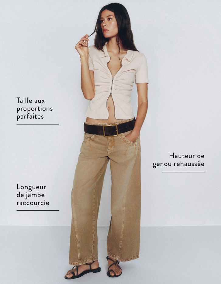 Woman in beige shirt and tan pants with text labels: perfectly proportioned rise, raised knee placement, shortened leg length