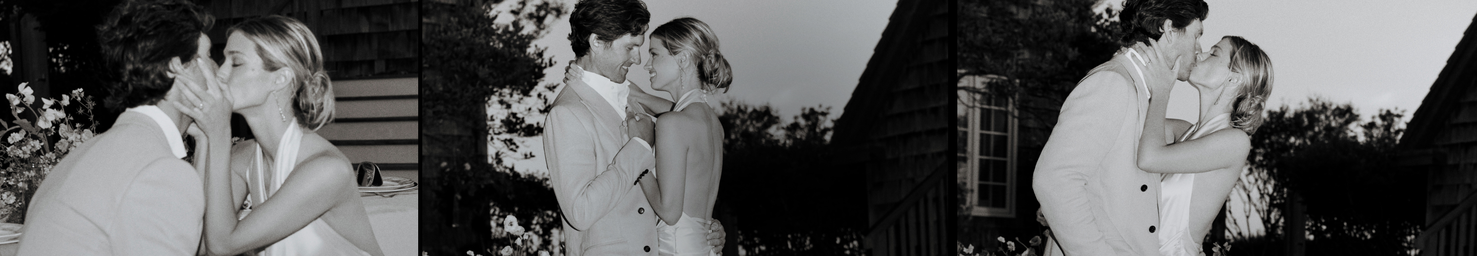 Black and white triptych of a couple kissing at an outdoor evening wedding celebration with flowers and buildings visible