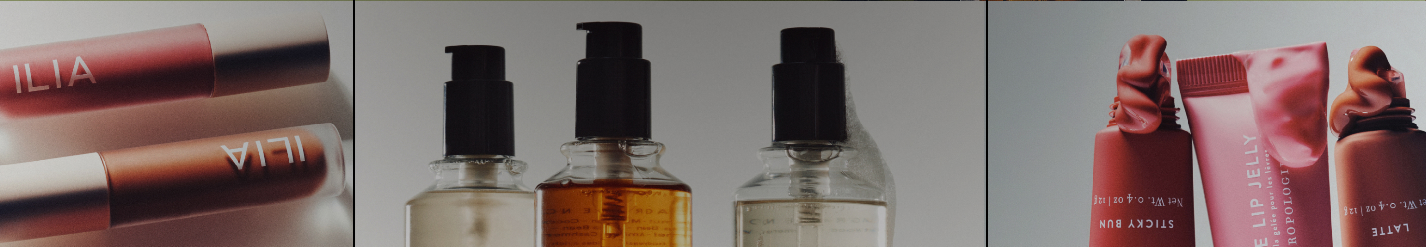 Three beauty product images: ILIA lip products, three pump bottles with clear and amber liquids, and pink ILIA Lip Jelly tubes.