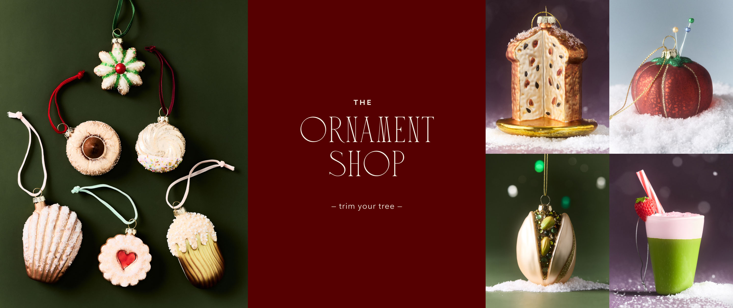 Collage of festive food-themed ornaments including cookies, gingerbread house, pumpkin, taco, and smoothie with text THE ORNAMENT SHOP trim your tree